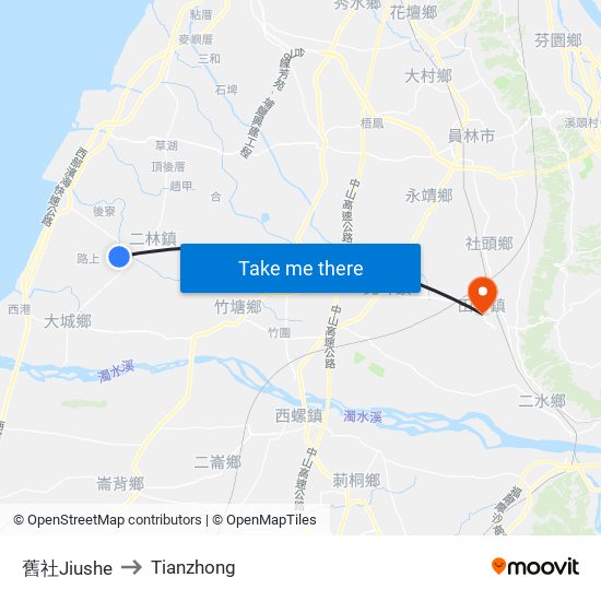 舊社Jiushe to Tianzhong map