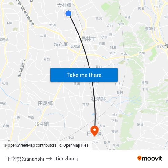 下南勢Xiananshi to Tianzhong map