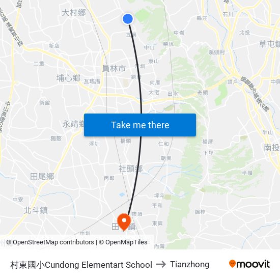 村東國小Cundong Elementart School to Tianzhong map