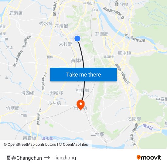 長春Changchun to Tianzhong map