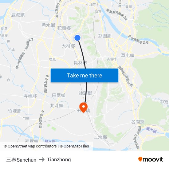 三春Sanchun to Tianzhong map
