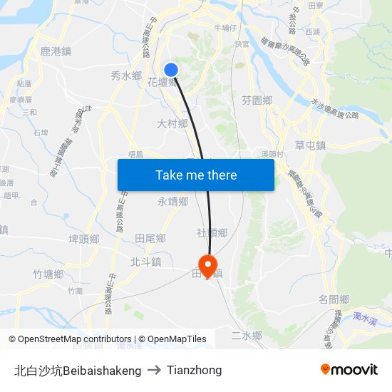 北白沙坑Beibaishakeng to Tianzhong map