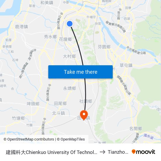 建國科大Chienkuo University Of Technology to Tianzhong map