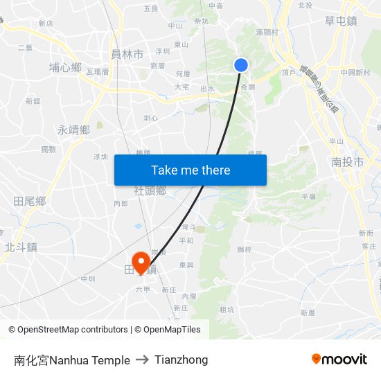 南化宮Nanhua Temple to Tianzhong map