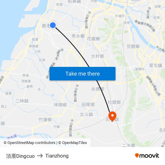 頂厝Dingcuo to Tianzhong map