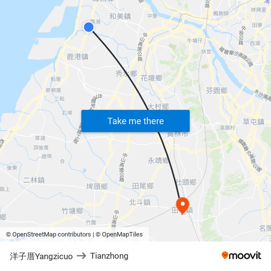 洋子厝Yangzicuo to Tianzhong map