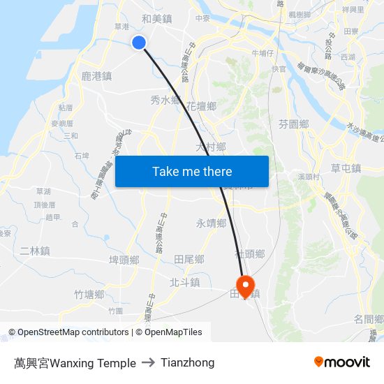 萬興宮Wanxing Temple to Tianzhong map