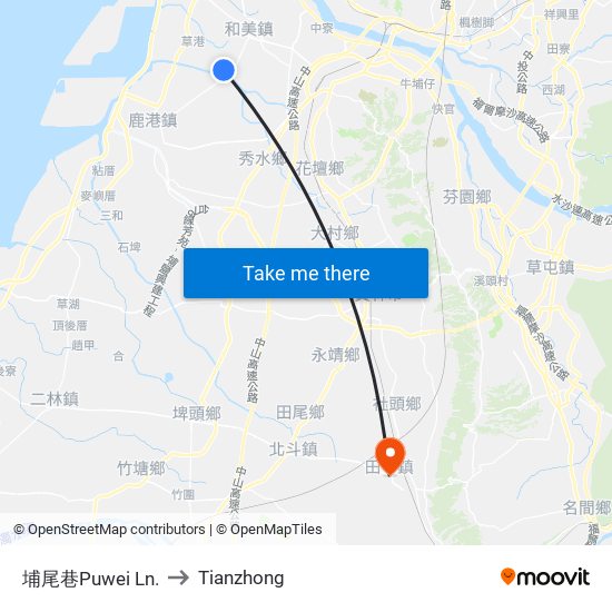 埔尾巷Puwei Ln. to Tianzhong map