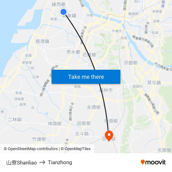 山寮Shanliao to Tianzhong map