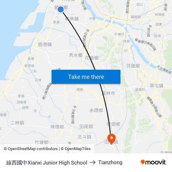 線西國中Xianxi Junior High School to Tianzhong map