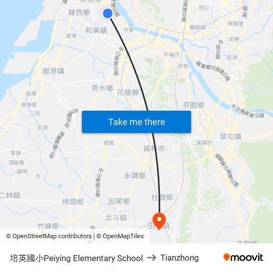 培英國小Peiying Elementary School to Tianzhong map