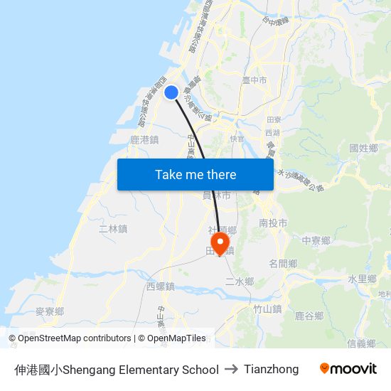 伸港國小Shengang Elementary School to Tianzhong map