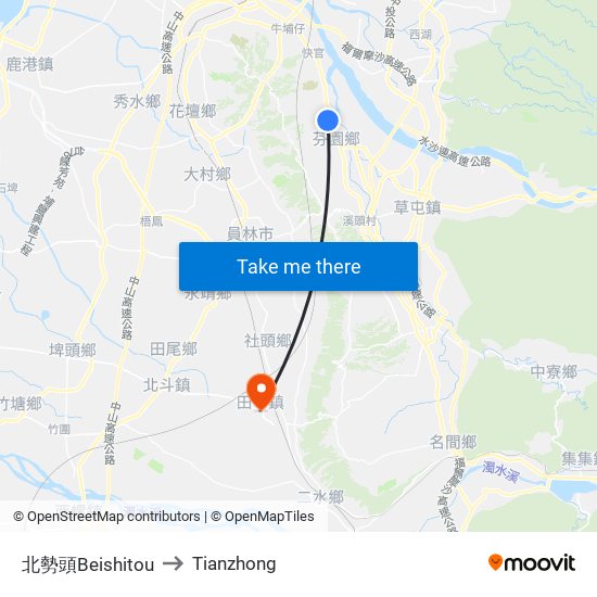 北勢頭Beishitou to Tianzhong map