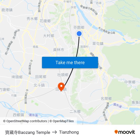 寶藏寺Baozang Temple to Tianzhong map