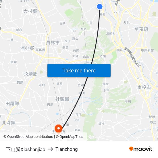 下山腳Xiashanjiao to Tianzhong map