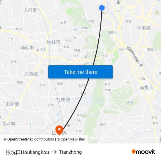 猴坑口Houkengkou to Tianzhong map