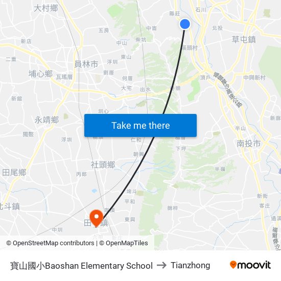 寶山國小Baoshan Elementary School to Tianzhong map