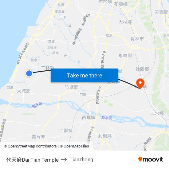 代天府Dai Tian Temple to Tianzhong map