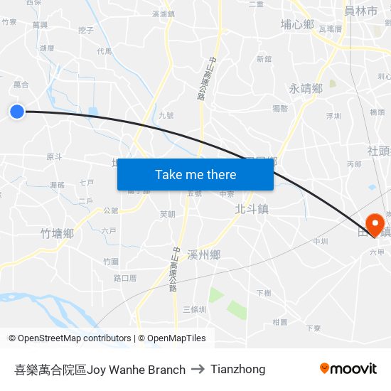 喜樂萬合院區Joy Wanhe Branch to Tianzhong map