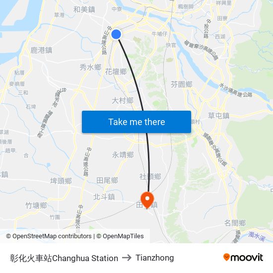 彰化火車站Changhua Station to Tianzhong map