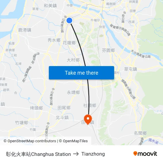 Changhua Station to Tianzhong map