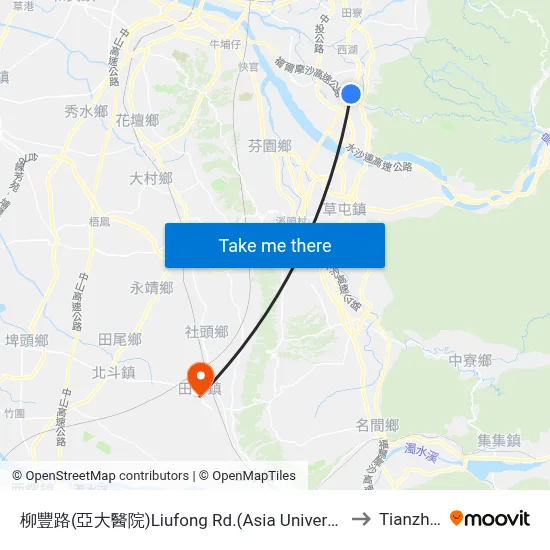 Liufeng Road (Asia University Hospital) to Tianzhong map