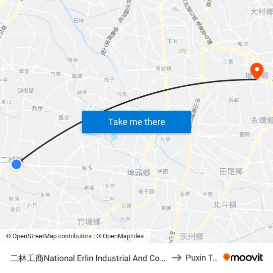 二林工商National Erlin Industrial  And Commercial Vocational High School to Puxin Township map