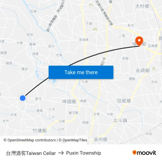 台灣酒窖Taiwan Cellar to Puxin Township map
