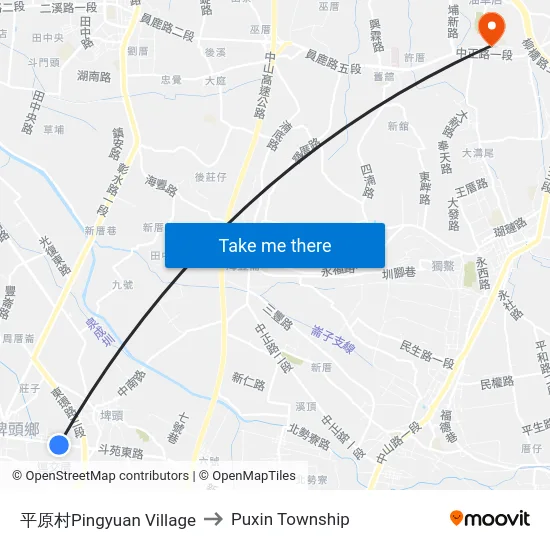平原村Pingyuan Village to Puxin Township map