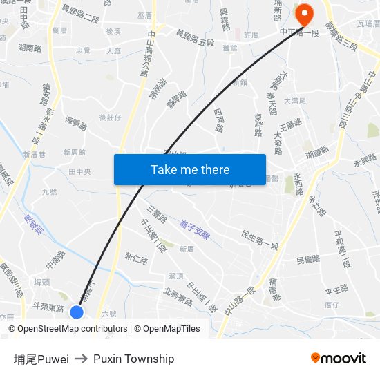 埔尾Puwei to Puxin Township map