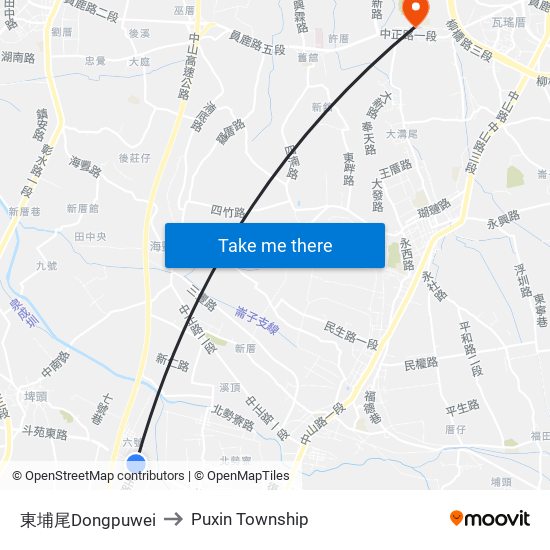 東埔尾Dongpuwei to Puxin Township map