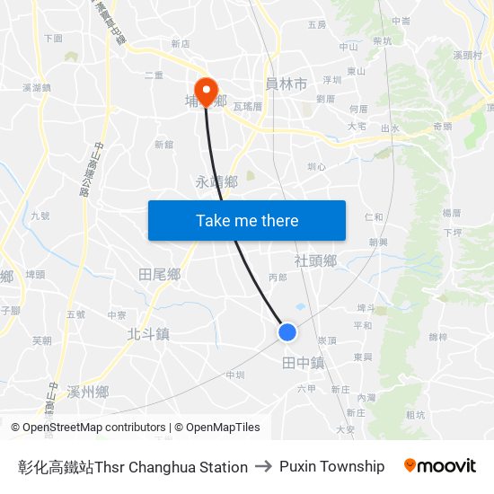 彰化高鐵站Thsr Changhua  Station to Puxin Township map