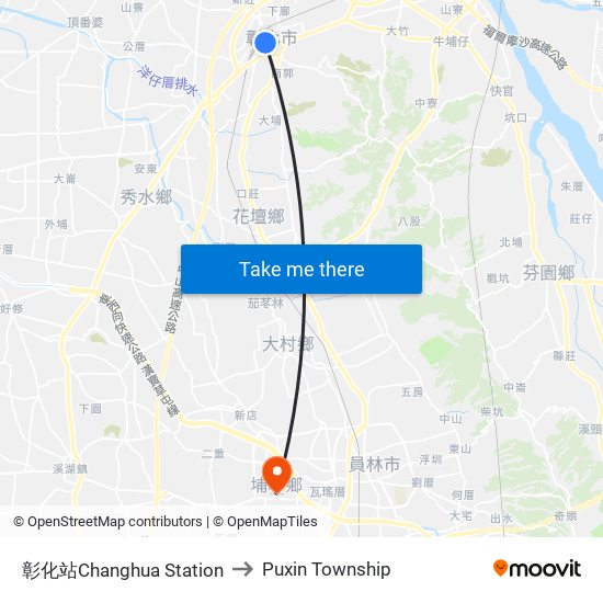 彰化站Changhua Station to Puxin Township map