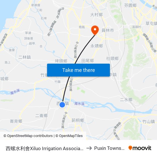 西螺水利會Xiluo Irrigation Association to Puxin Township map