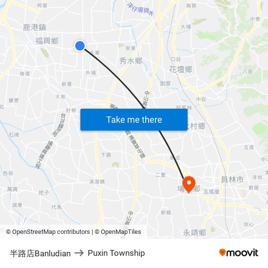 半路店Banludian to Puxin Township map