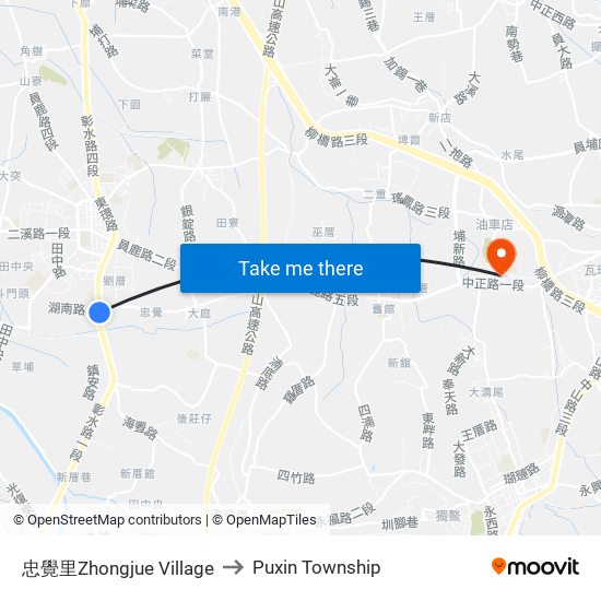 忠覺里Zhongjue Village to Puxin Township map