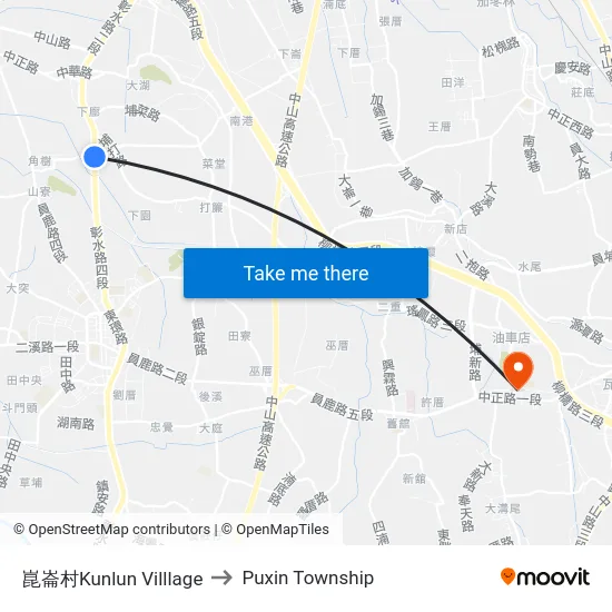 崑崙村Kunlun Villlage to Puxin Township map