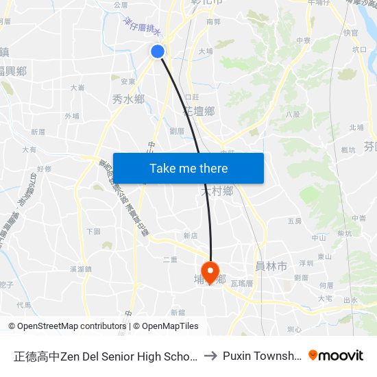 正德高中Zen Del Senior High School to Puxin Township map