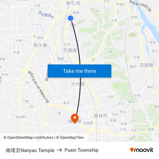 南瑤宮Nanyao Temple to Puxin Township map