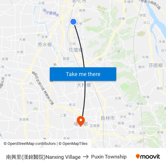 南興里(漢銘醫院)Nanxing Village to Puxin Township map