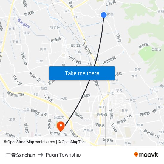 三春Sanchun to Puxin Township map