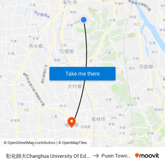 彰化師大Changhua University Of Education to Puxin Township map