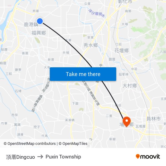 頂厝Dingcuo to Puxin Township map