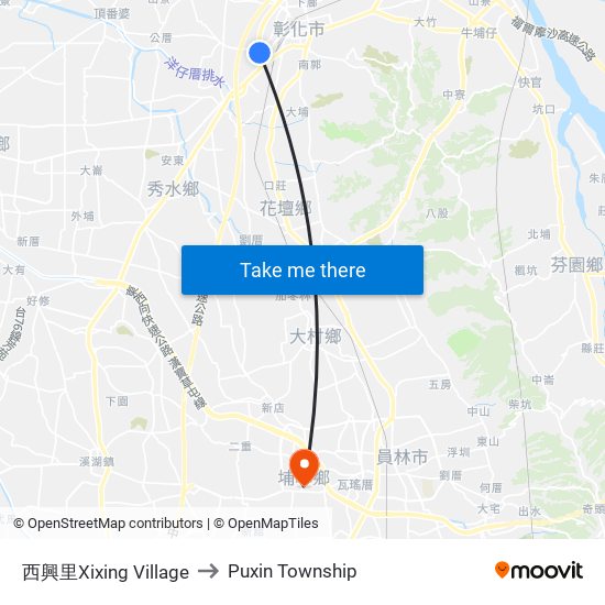 西興里Xixing Village to Puxin Township map