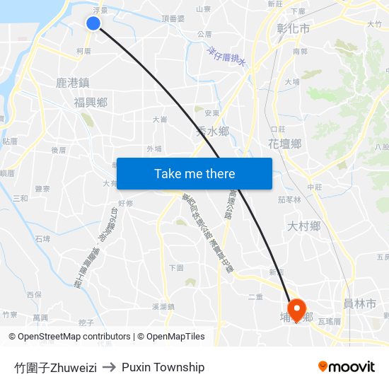 竹圍子Zhuweizi to Puxin Township map