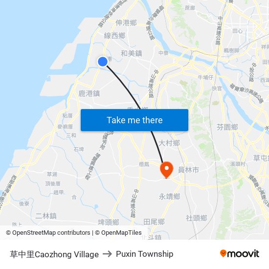 草中里Caozhong Village to Puxin Township map