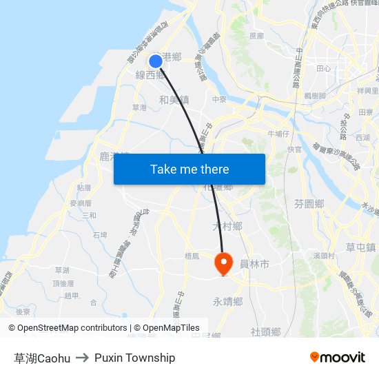 草湖Caohu to Puxin Township map