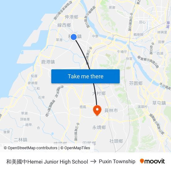 和美國中Hemei Junior High School to Puxin Township map