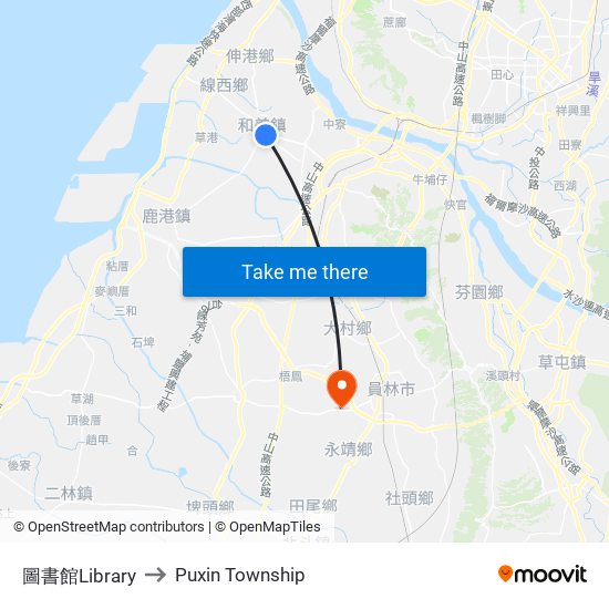 圖書館Library to Puxin Township map