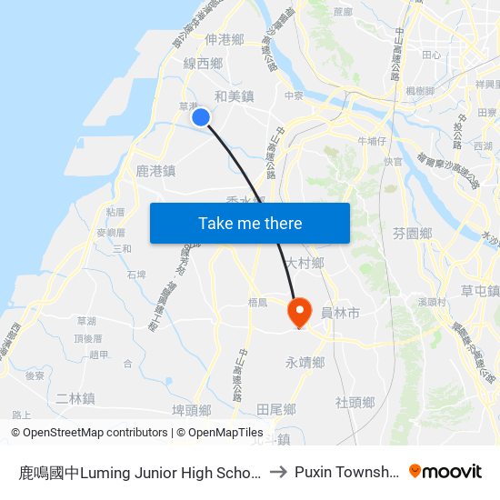 鹿鳴國中Luming Junior High School to Puxin Township map